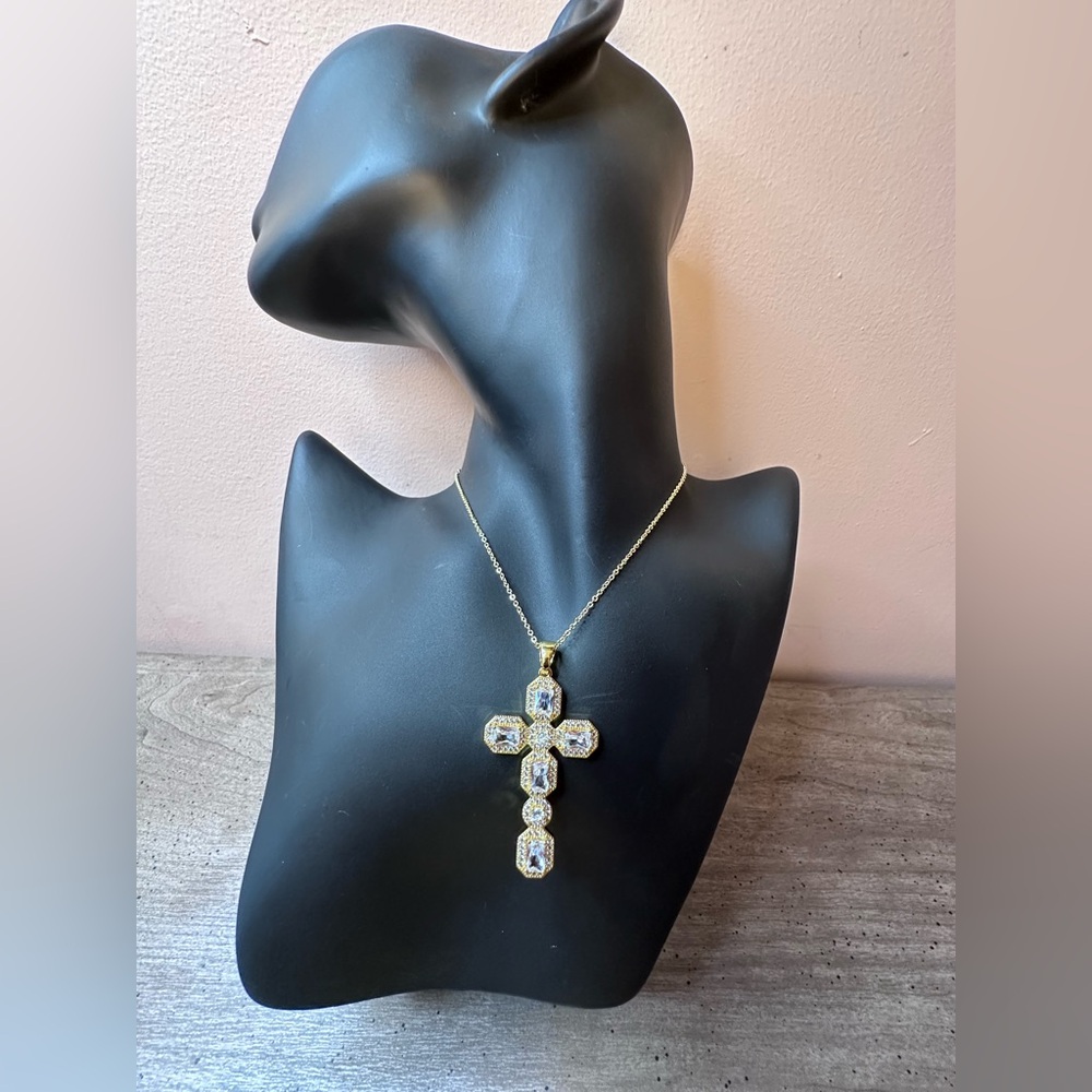 Gold Cross With CZ Pendant Necklace. 16” Chain. - Picture 3 of 5